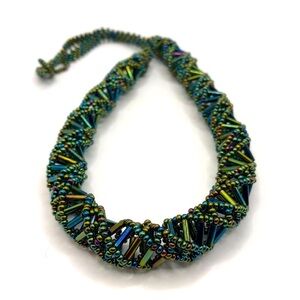 Iridescent Blue-Green Beaded Statement Necklace